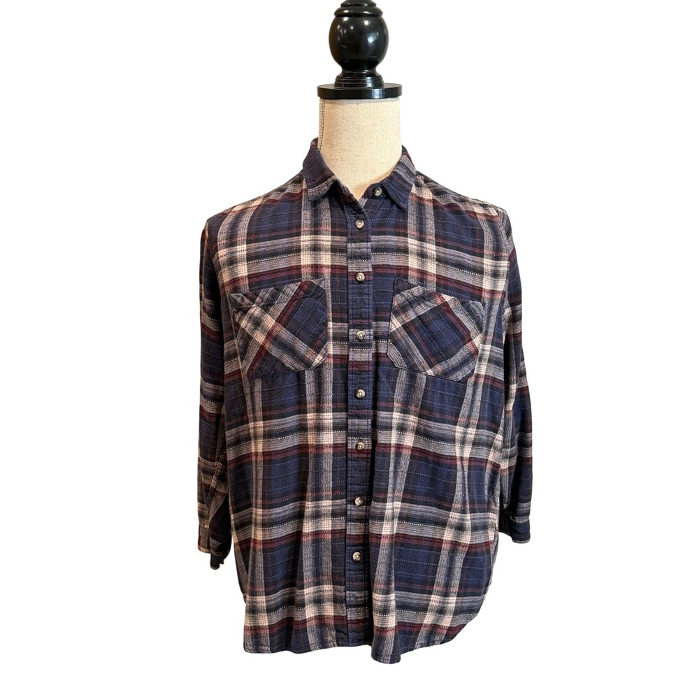 BDG Urban Outfitters Mens Navy Blue Burgundy Plaid Flannel Button Down Shirt M